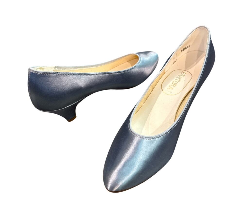 Vintage Fantura Blue Satin Pumps Womens 8M Kitten Heel Bridal Formal Shoes